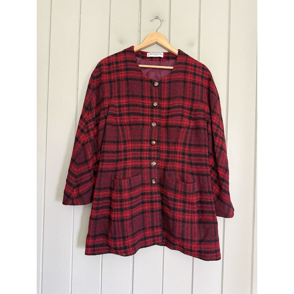 Vtg Sonia Rykiel Blazer Jacket L Large Red Plaid Button Front Boucle Wool